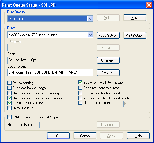 SDI LPD Print Queue Setup Dialog Box